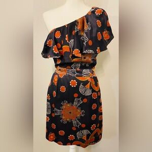 French Connection Black and Red-Orange Silk Floral One-Shoulder Dress Size 2